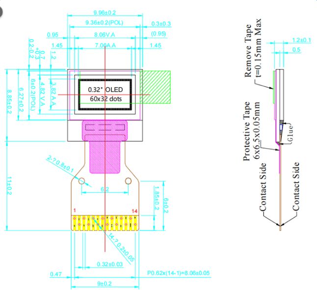 Display OLED de forma personalizada I2C Branco 0,32 polegadas OLED Display Panel 60x32 Pixels O menor 0,32