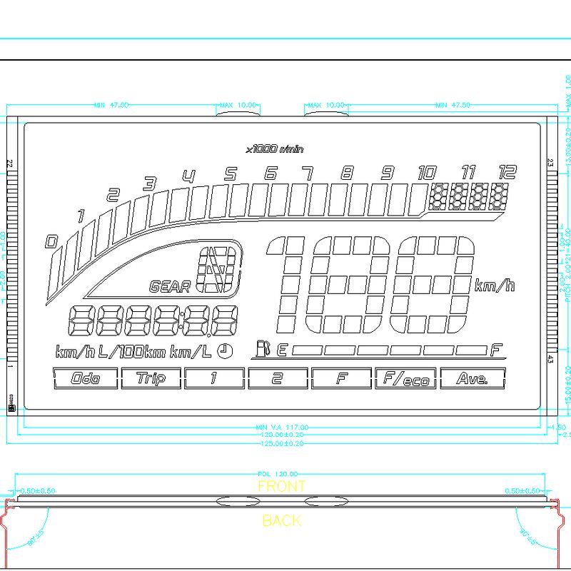 Painel LCD de segmento negativo HTN com tela azul de 7 segmentos personalizado HTN LCD para velocímetro
